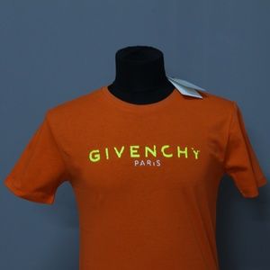 Shirts - Givenchy Neon Shiny Logo Print On Orange T-Shirt Shirts - Givenchy Neon Shiny Logo Print On Orange T-Shirt